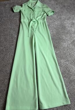 VTG 60s 70s Jumpsuit Hippie Button Front Wide Leg Lime Green Disco RARE Sz 10
